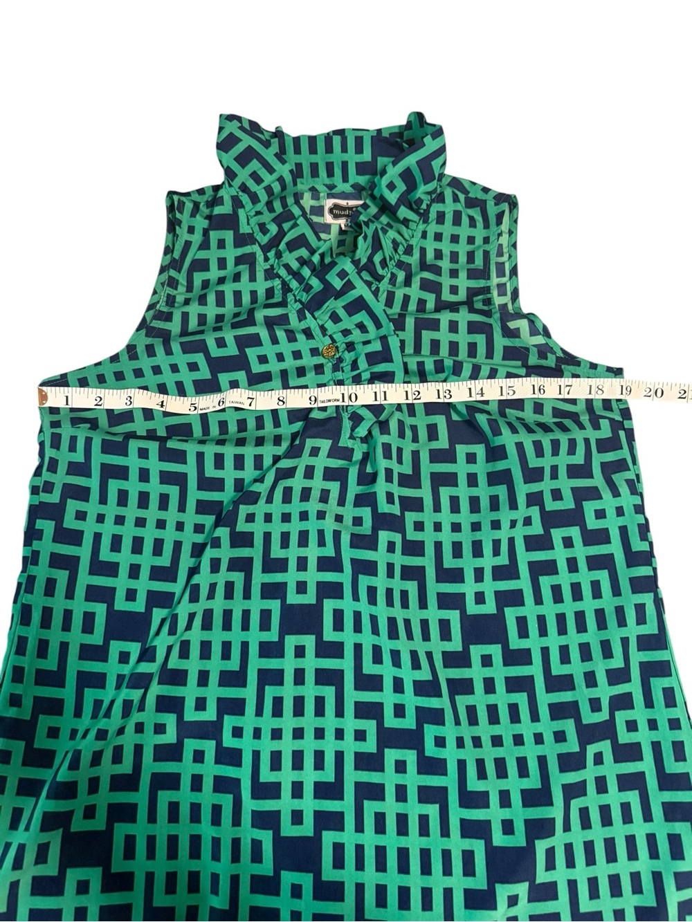 Mud Pie Teal & Navy Geometric Ruffle Sleeveless Blouse - Picture 11 of 11